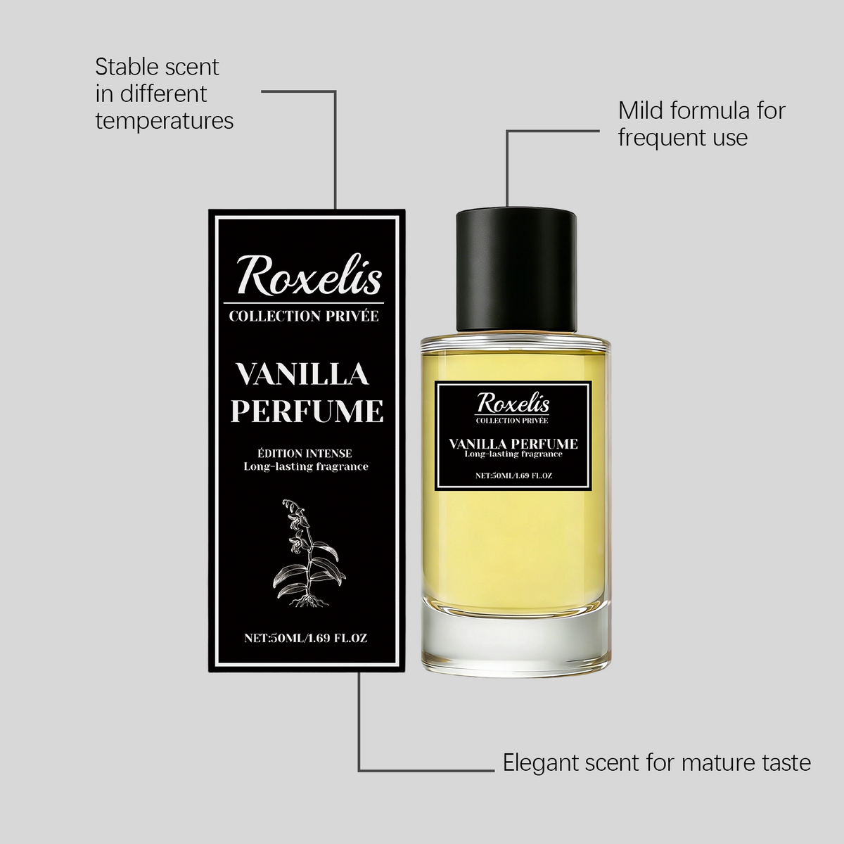 Roxelis soft vanilla light fragrance, long-lasting fragrance naturally lingers, emitting a gentle and skin friendly aroma
