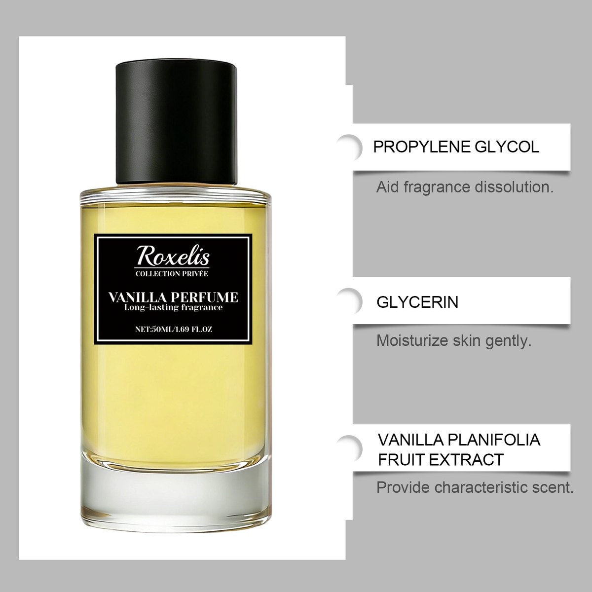 Roxelis soft vanilla light fragrance, long-lasting fragrance naturally lingers, emitting a gentle and skin friendly aroma