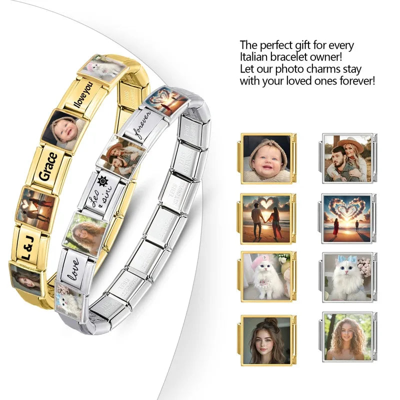 1PCS Photo Pictures Personalized Customized Italian Charms Link Fit 9mm Stainless Steel Bracelets Family Pets Image Custom Gifts