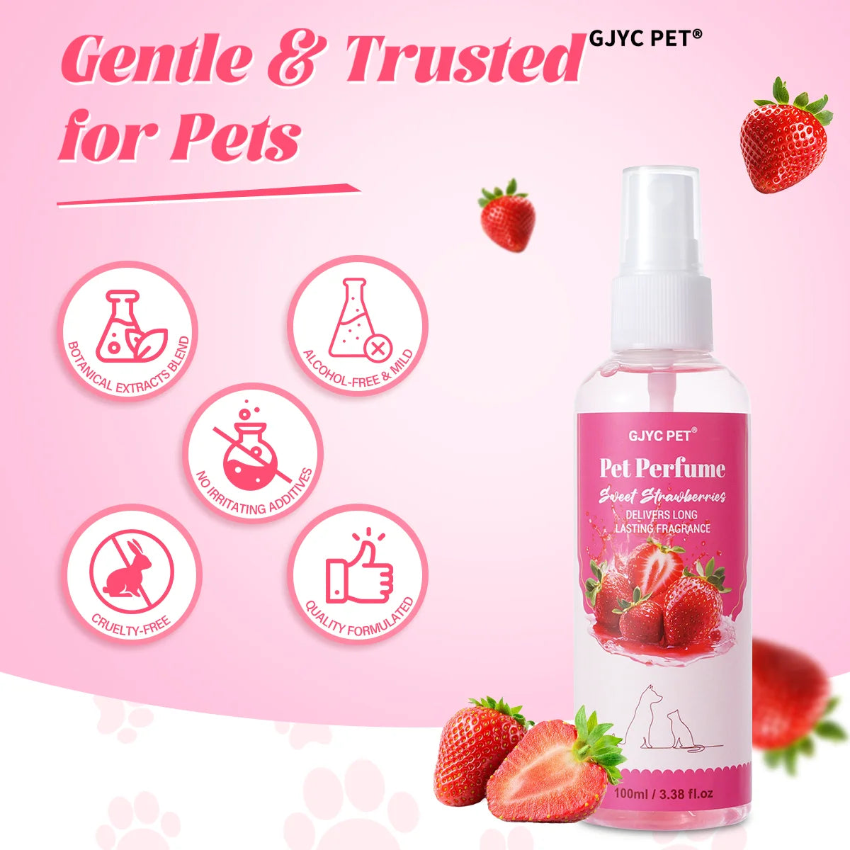 Pet Perfume Spray 100ml Sweet Strawberry Scent Long-Lasting Fragrance Alcohol-Free Odor Eliminator Non-Irritating Pet Body Odor