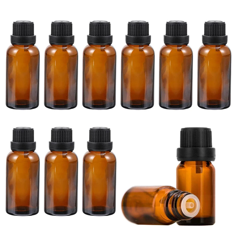 12Pcs Empty 5/10/15/20/30ml Amber Glass Essential Oils Drops Bottles with Orifice Reducer Tips DIY Supplies Tool Perfume Vials