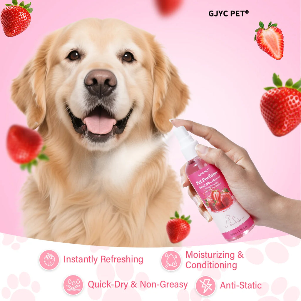 Pet Perfume Spray 100ml Sweet Strawberry Scent Long-Lasting Fragrance Alcohol-Free Odor Eliminator Non-Irritating Pet Body Odor