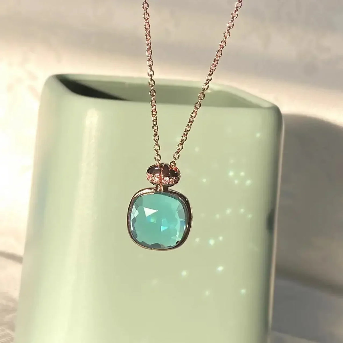 Elegant Light Blue Topaz Perfume Bottle Pendant Necklace for Women Classic  Design Candy Color Fashion Jewelry Gift Idea