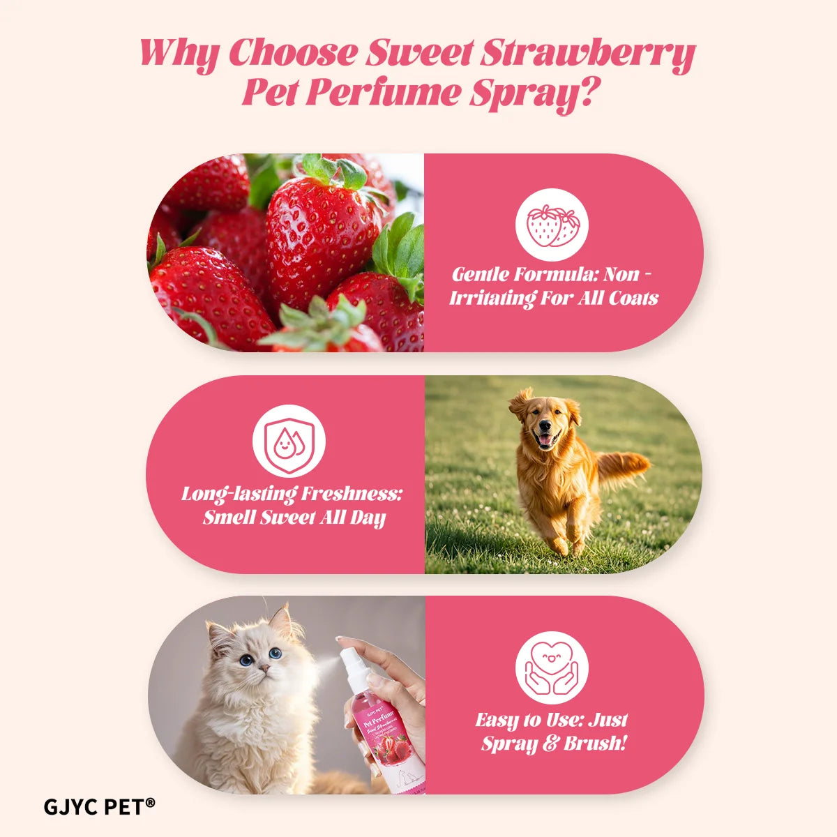 Pet Perfume Spray 100ml Sweet Strawberry Scent Long-Lasting Fragrance Alcohol-Free Odor Eliminator Non-Irritating Pet Body Odor