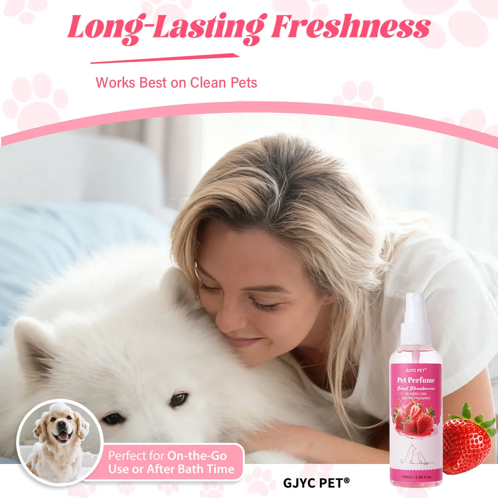 Pet Perfume Spray 100ml Sweet Strawberry Scent Long-Lasting Fragrance Alcohol-Free Odor Eliminator Non-Irritating Pet Body Odor
