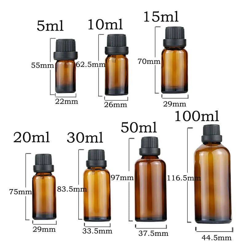 12Pcs Empty 5/10/15/20/30ml Amber Glass Essential Oils Drops Bottles with Orifice Reducer Tips DIY Supplies Tool Perfume Vials