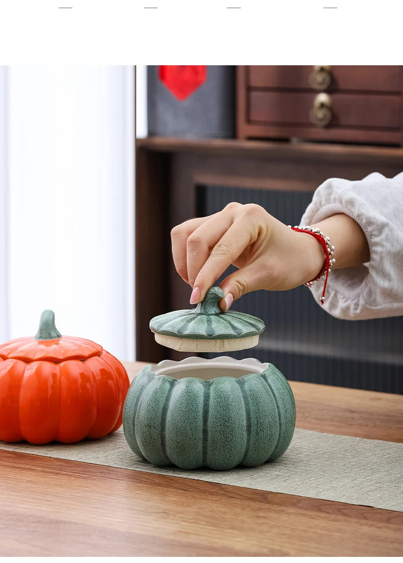 Creative Pumpkin Fruit Shape Ceramic Storage Jar Cosmetics Perfume Sealed Jar Kitchen Food Seasoning Tank Storage Box Home Decor