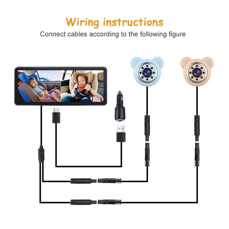 2 Car Camera Baby Monitor 6.86'' IPS Screen Dual Camera Bebe Car Mirror Video Monitor For Infants Kids Pets In Safe Driving