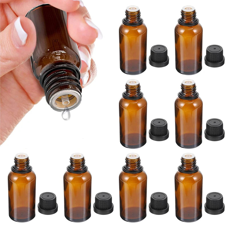 12Pcs Empty 5/10/15/20/30ml Amber Glass Essential Oils Drops Bottles with Orifice Reducer Tips DIY Supplies Tool Perfume Vials