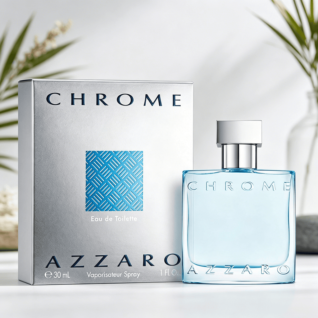 Azzaro Chrome EDT 100ML Perfume For Men Crisp Fresh Aquatic Citrus Marine Woody Aroma Long Lasting Minimalist Clear Light Blue Square Bottle Complete Silver Woven Pattern Box Dating Summer Travel Present