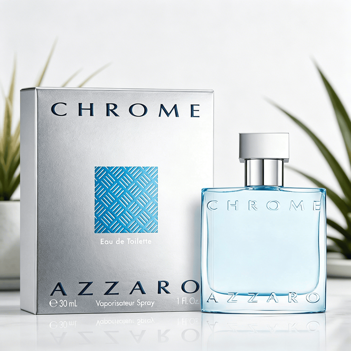 Azzaro Chrome EDT 100ML Perfume For Men Crisp Fresh Aquatic Citrus Marine Woody Aroma Long Lasting Minimalist Clear Light Blue Square Bottle Complete Silver Woven Pattern Box Dating Summer Travel Present
